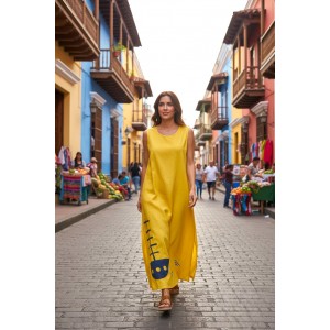 Φόρεμα μακρύ, σε χρώμα κίτρινο, σε άλφα γραμμή, μήκος από τον ώμο 135εκ., άνετο και δροσερό βαμβάκι 100%,  αμάνικο, με σχέδιο το Μπλε σκούρο καραβάκι