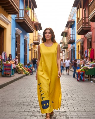 Φόρεμα μακρύ, σε χρώμα κίτρινο, σε άλφα γραμμή, μήκος από τον ώμο 135εκ., άνετο και δροσερό βαμβάκι 100%,  αμάνικο, με σχέδιο το Μπλε σκούρο καραβάκι