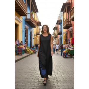 Φόρεμα μακρύ, σε χρώμα μαύρο, με μικρά ανοίγματα στο πλάι, σε άλφα γραμμή, , μήκος από τον ώμο 135εκ., άνετο και δροσερό βαμβάκι 100%, αμάνικο, με σχέδιο το Μπλε σκούρο καραβάκι