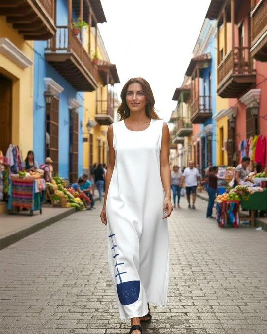 Φόρεμα μακρύ, σε χρώμα λευκό, σε άλφα γραμμή, με μικρά ανοίγματα στο πλάι, , μήκος από τον ώμο 135εκ., άνετο και δροσερό βαμβάκι 100%,  αμάνικο, με σχέδιο το Μπλε σκούρο καραβάκι