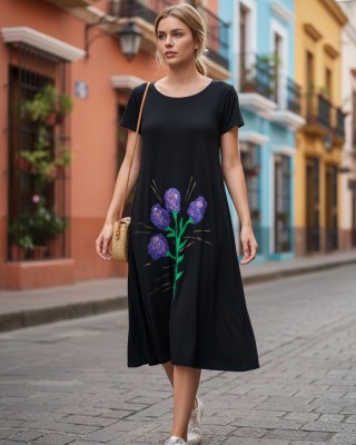 Φόρεμα midi άλφα γραμμή, χρώμα μαύρο , στρόγγυλη λαιμόκοψη, με κοντό μανίκι, μήκος 112εκ από ώμο, Βαμβάκι 100%, Σχέδιο Lavender Painting με χρώματα ανεξίτηλα κατά την πλύση 