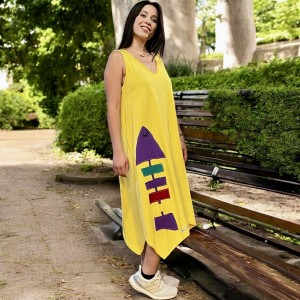 Φόρεμα μίντι κίτρινο αμάνικο με μύτες με σχέδιο το πολύχρωμο ψαροκόκαλο