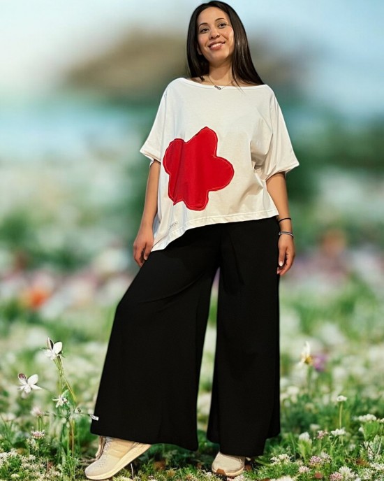 Καλοκαιρινή Μπλούζα σε στυλ Πόντσο Με υπέροχο στυλ Summer Red Daisy βαμβάκι 100% 