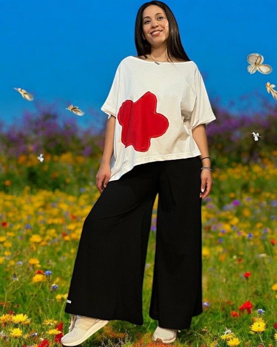 Καλοκαιρινή Μπλούζα σε στυλ Πόντσο Με υπέροχο στυλ Summer Red Daisy βαμβάκι 100% 